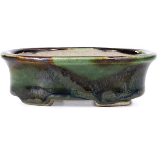  Satomi Mazan, Mazan Terahata 110 mm oval green bonsai pot by Terahata Satomi Mazan, Tokoname, Japan