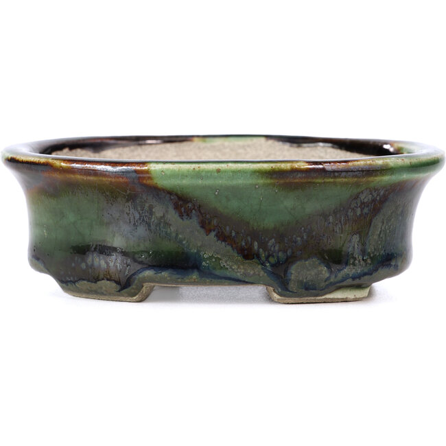 Oval green bonsai pot by Terahata Satomi Mazan - 110 x 84 x 34 mm