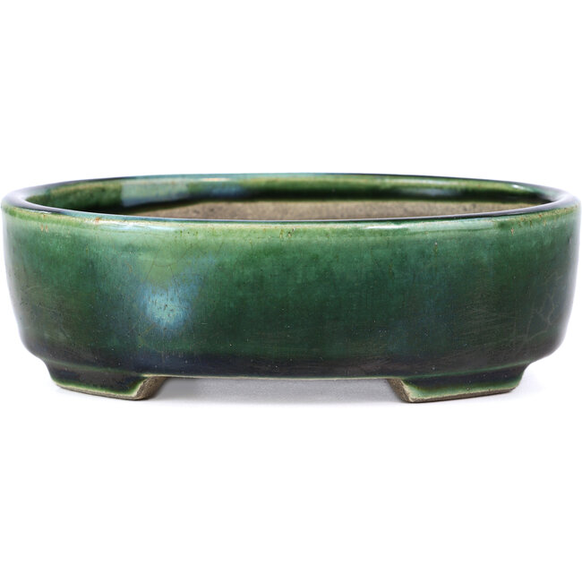 Oval green bonsai pot by Terahata Satomi Mazan - 158 x 130 x 50 mm