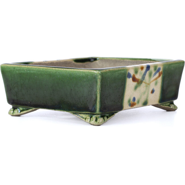 Rectangular green bonsai pot by Terahata Satomi Mazan - 157 x 130 x 54 mm