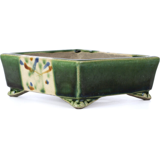 Rectangular green bonsai pot by Terahata Satomi Mazan - 157 x 130 x 54 mm
