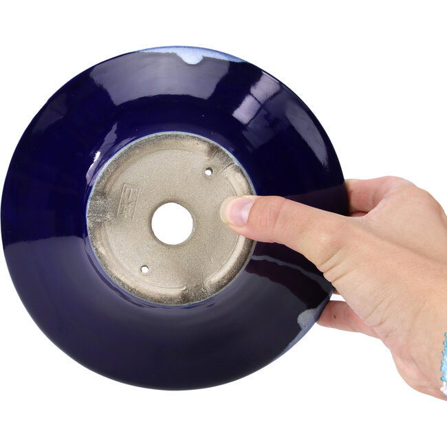Ronde blauwe bonsaipot van Terahata Satomi Mazan - 185 x 185 x 70 mm