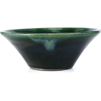  Satomi Mazan, Mazan Terahata 200 mm round green bonsai pot by Terahata Satomi Mazan, Tokoname, Japan