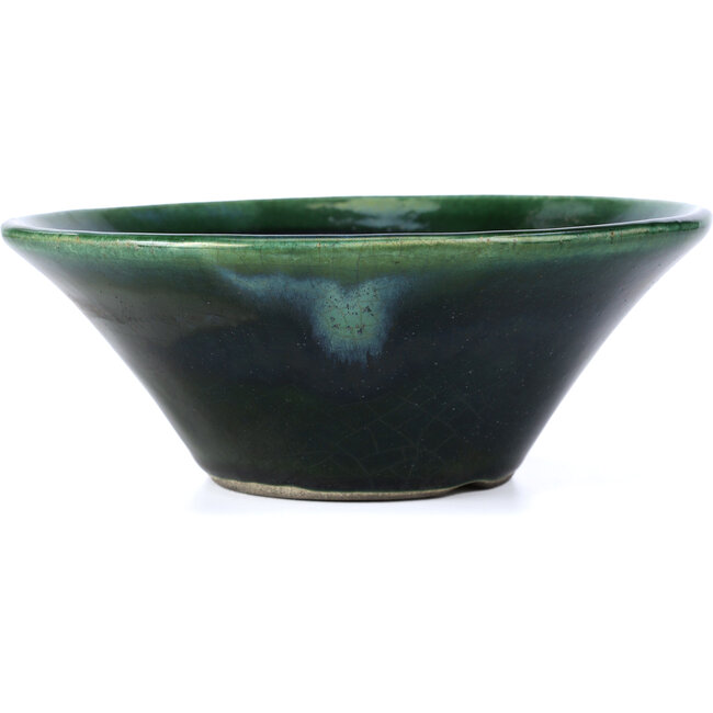 Round green bonsai pot by Terahata Satomi Mazan - 200 x 200 x 75 mm