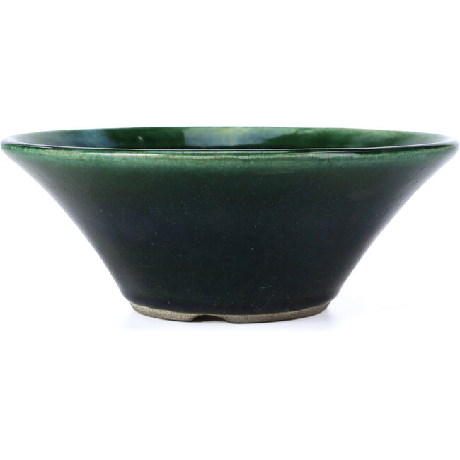 Round green bonsai pot by Terahata Satomi Mazan - 200 x 200 x 75 mm