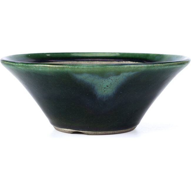 Round green bonsai pot by Terahata Satomi Mazan - 200 x 200 x 75 mm