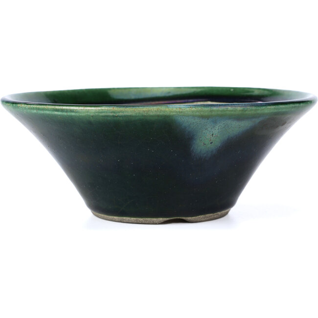 Round green bonsai pot by Terahata Satomi Mazan - 200 x 200 x 75 mm