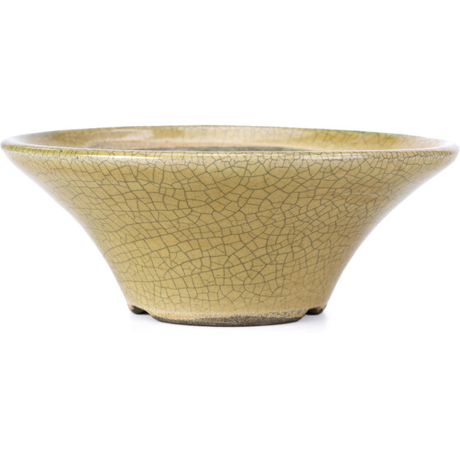 Round beige craquelé bonsai pot by Terahata Satomi Mazan - 185 x 185 x 70 mm