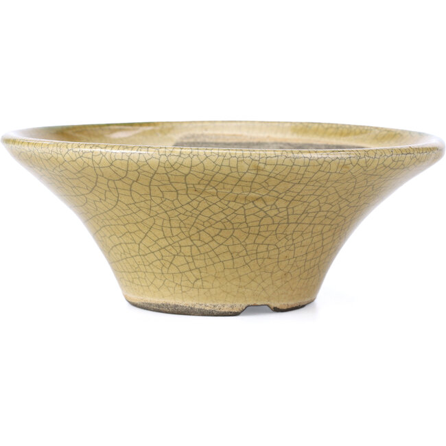 Round beige craquelé bonsai pot by Terahata Satomi Mazan - 185 x 185 x 70 mm