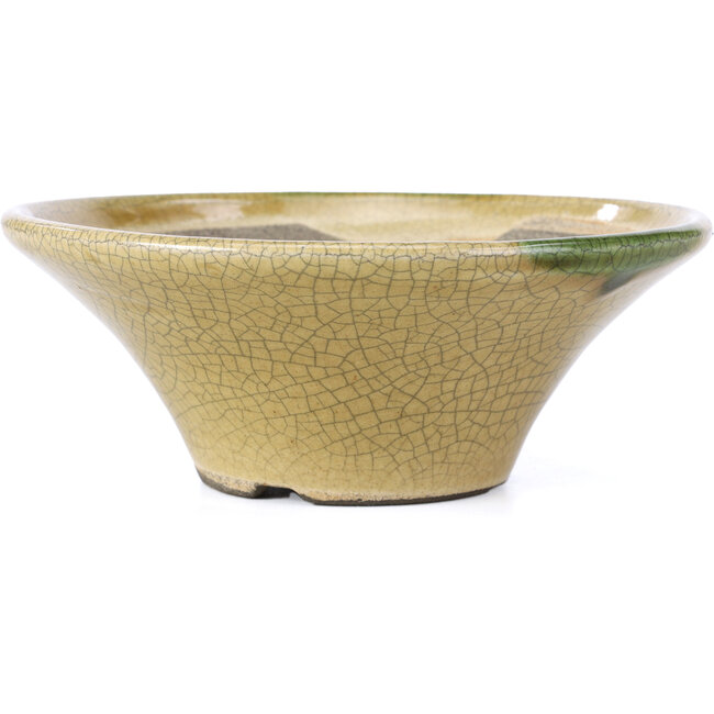 Maceta de bonsái redonda beige craquelé de Terahata Satomi Mazan - 185 x 185 x 70 mm