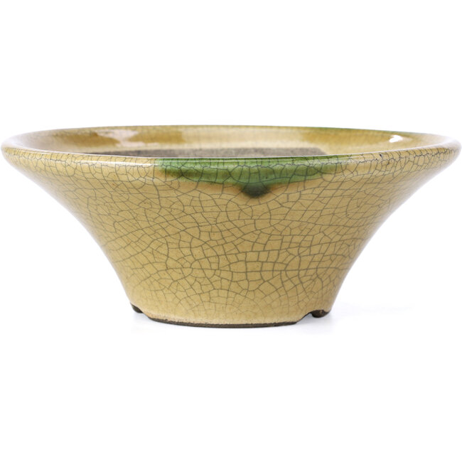 Ronde beige craquelé bonsaipot van Terahata Satomi Mazan - 185 x 185 x 70 mm