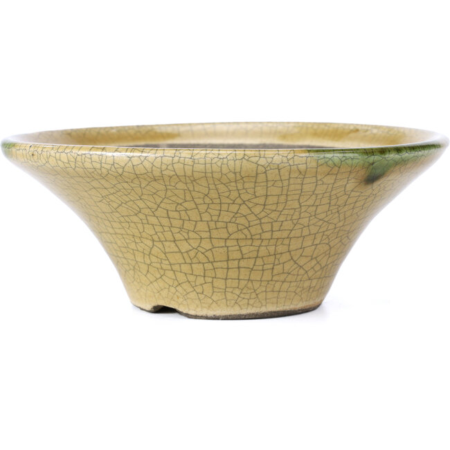 Round beige craquelé bonsai pot by Terahata Satomi Mazan - 185 x 185 x 70 mm