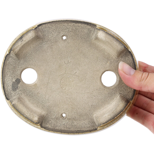 Oval beige bonsai pot by Terahata Satomi Mazan - 160 x 130 x 52 mm