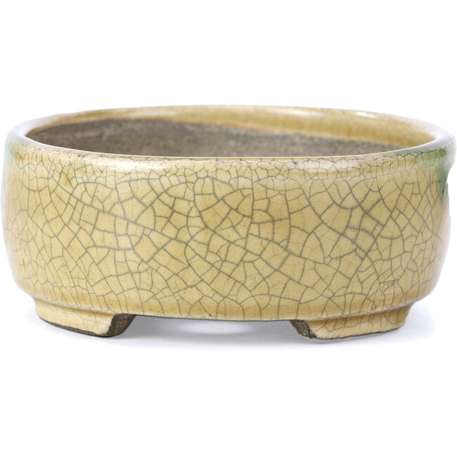 Oval beige bonsai pot by Terahata Satomi Mazan - 161 x 129 x 51 mm