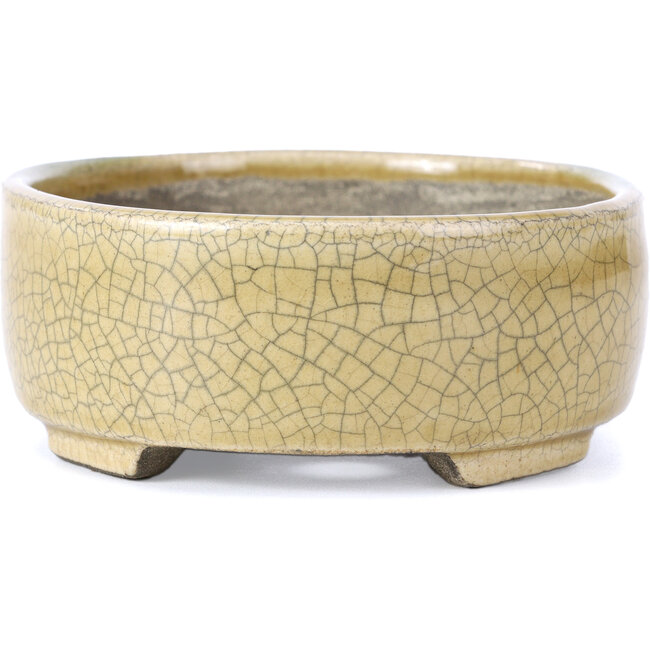 Oval beige bonsai pot by Terahata Satomi Mazan - 161 x 129 x 51 mm