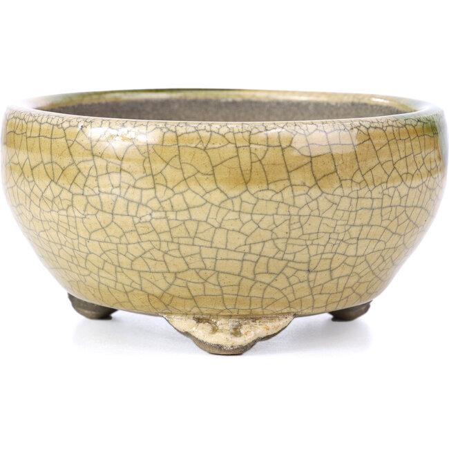 Round beige bonsai pot by Terahata Satomi Mazan - 124 x 124 x 65 mm