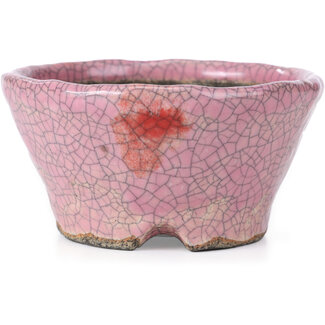  Bunzan 110 mm round pink craquelé bonsai pot by Bunzan, Tokoname, Japan