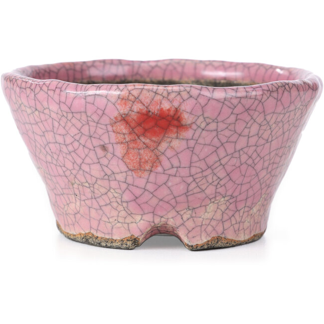 Round pink craquelé bonsai pot by Bunzan - 110 x 108 x 56 mm