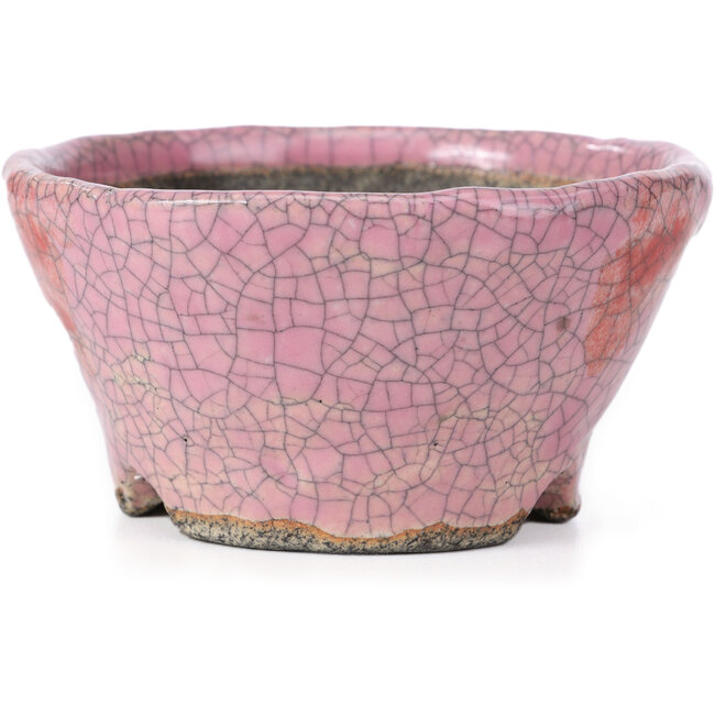 Round pink craquelé bonsai pot by Bunzan - 110 x 108 x 56 mm