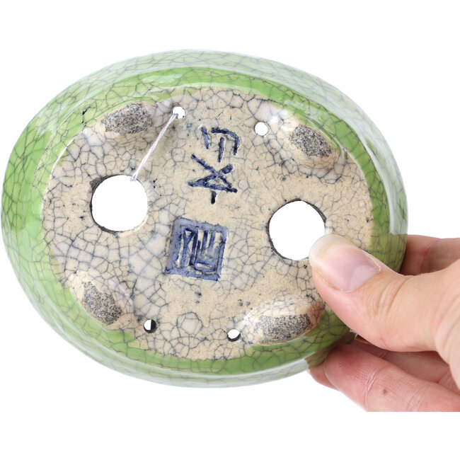 Ovale groene craquelé bonsai pot van Bunzan - 118 x 98 x 42 mm
