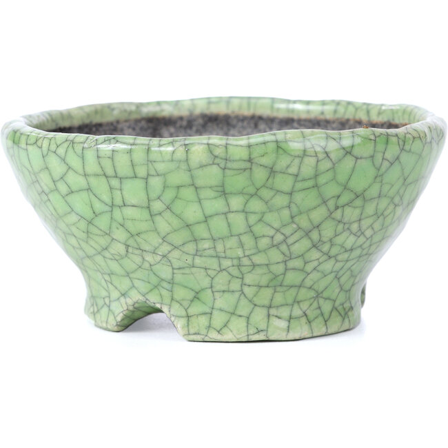 Round green craquelé bonsai pot by Bunzan - 117 x 117 x 54 mm