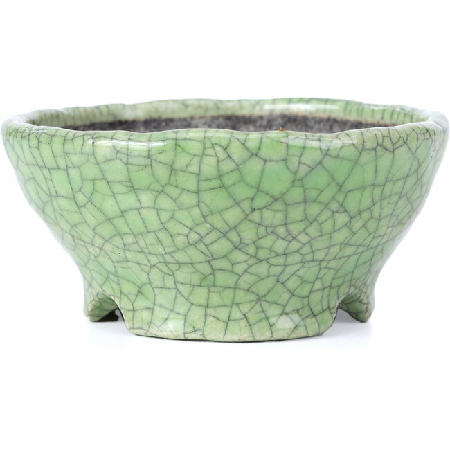 Round green craquelé bonsai pot by Bunzan - 117 x 117 x 54 mm