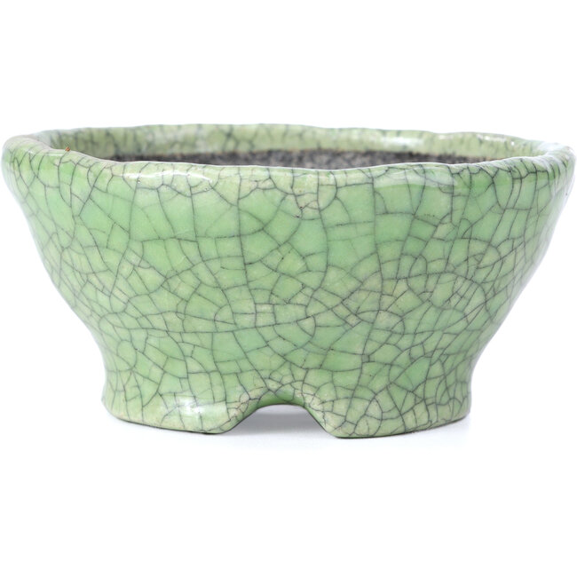 Round green craquelé bonsai pot by Bunzan - 117 x 117 x 54 mm