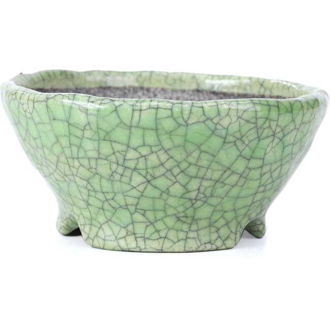 Round green craquelé bonsai pot by Bunzan - 117 x 117 x 54 mm