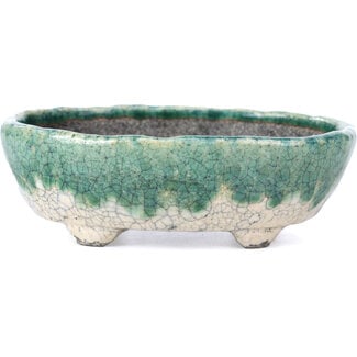  Bunzan 142 mm oval white and green bonsai pot by Bunzan, Tokoname, Japan