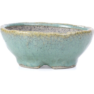 Bunzan 108 mm ronde turquoise blauwe bonsai pot van Bunzan, Tokoname, Japan