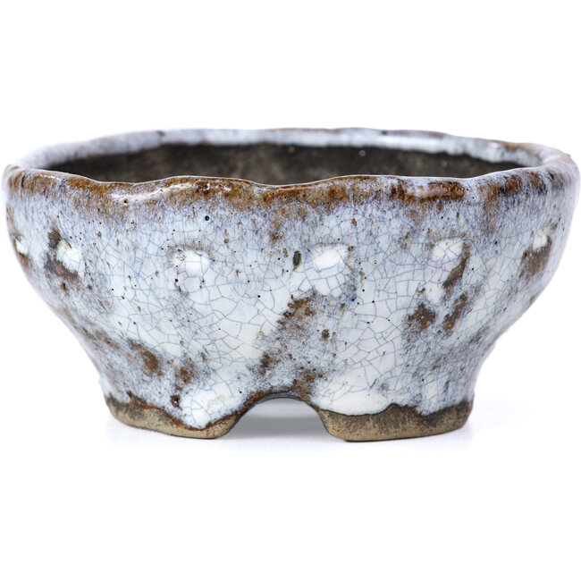 Round white craquelé bonsai pot by Bunzan - 100 x 100 x 45 mm