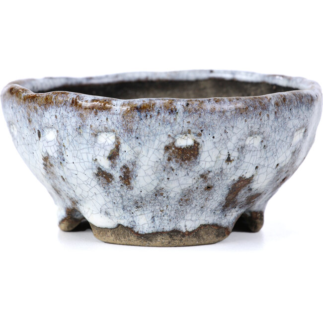 Round white craquelé bonsai pot by Bunzan - 100 x 100 x 45 mm