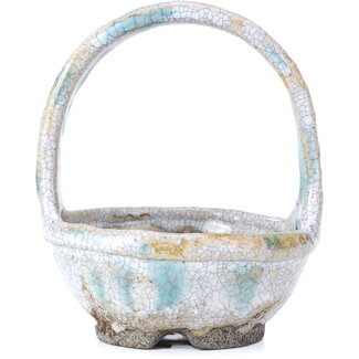  Bunzan Maceta de bonsái redonda blanca y verde de 115 mm de Bunzan, Tokoname, Japón