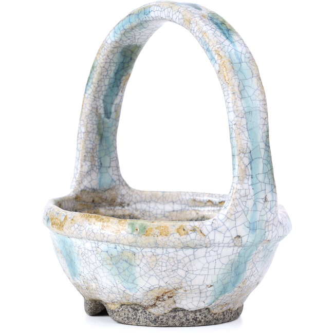 Round white and green bonsai pot by Bunzan - 115 x 115 x 130 mm