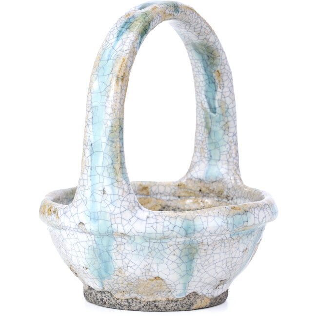 Round white and green bonsai pot by Bunzan - 115 x 115 x 130 mm