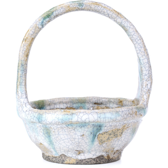 Round white and green bonsai pot by Bunzan - 115 x 115 x 130 mm