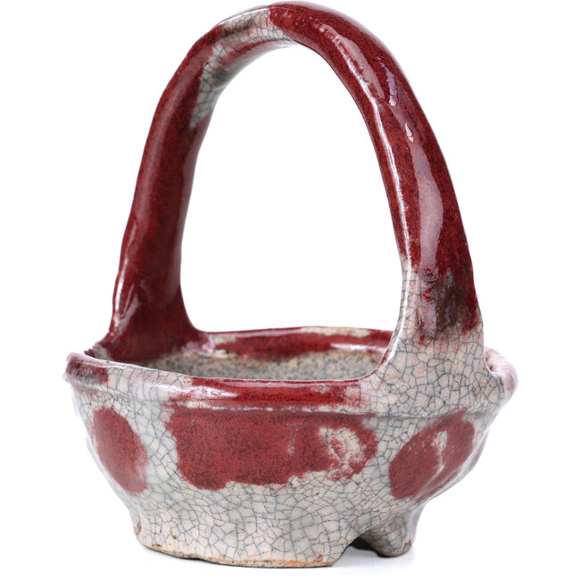 Round red bonsai pot by Bunzan - 95 x 95 x 115 mm