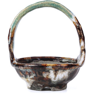  Bunzan Ronde bruine bonsaipot van 115 mm van Bunzan, Tokoname, Japan