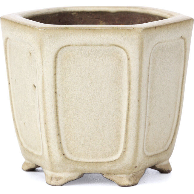 Hexagonal beige bonsai pot by Shibakatsu - 90 x 80 x 70 mm