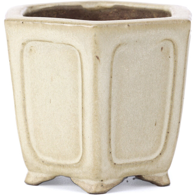 Hexagonal beige bonsai pot by Shibakatsu - 90 x 80 x 70 mm