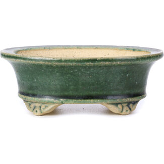  Shibakatsu (Katsuichi Shibata) 125 mm oval green bonsai pot by Shibakatsu, Tokoname, Japan