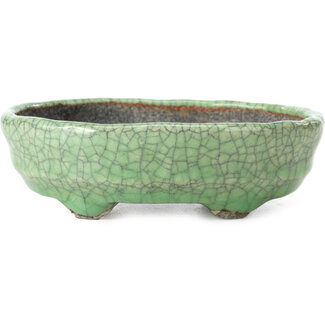  Bunzan 126 mm oval green bonsai pot by Bunzan, Tokoname, Japan