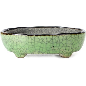  Bunzan 124 mm oval green bonsai pot by Bunzan, Tokoname, Japan