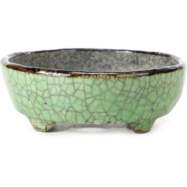 Oval green bonsai pot by Bunzan - 124 x 103 x 40 mm