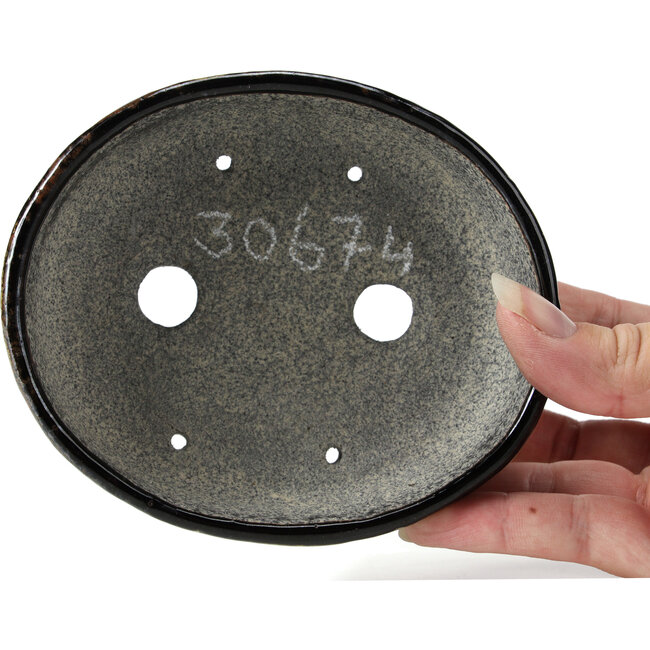 Oval green bonsai pot by Bunzan - 124 x 103 x 40 mm