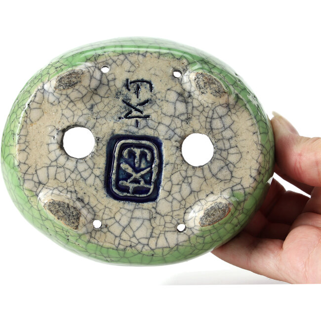 Oval green bonsai pot by Bunzan - 124 x 103 x 40 mm