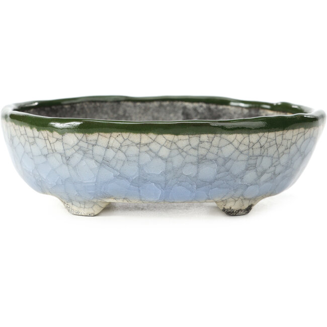 Pot à bonsaï ovale bleu et vert par Bunzan - 122 x 104 x 40 mm