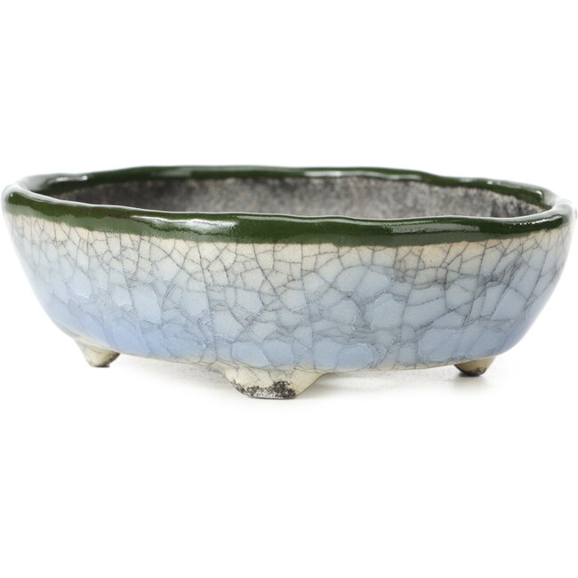 Pot à bonsaï ovale bleu et vert par Bunzan - 122 x 104 x 40 mm