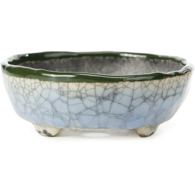 Oval blue with green bonsai pot by Bunzan - 122 x 104 x 40 mm