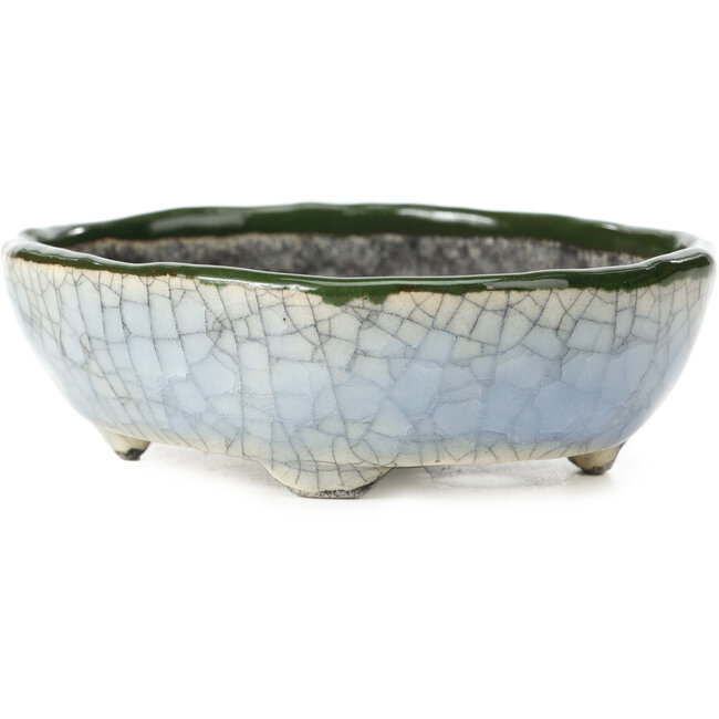 Pot à bonsaï ovale bleu et vert par Bunzan - 122 x 104 x 40 mm